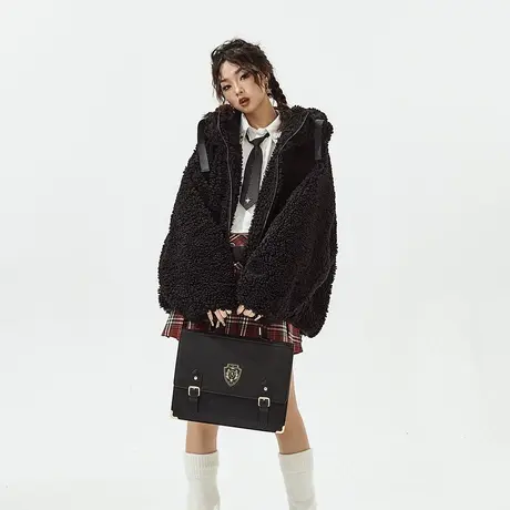 黑色连帽棉服女新款冬季加厚连帽外套美式复古宽松保暖毛毛棉衣商品大图