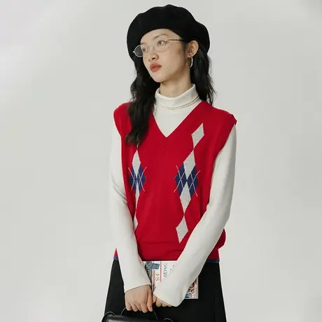 omont蛋挞家 复古v领菱格背心2023早秋新款外搭坎肩马甲针织上衣商品大图