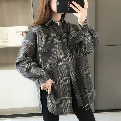 网红拼色女士衬衣2023新款韩版宽松春秋装条纹衬衫口袋开叉上衣潮商品大图