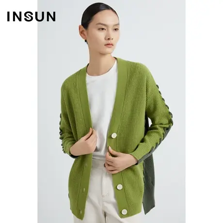 INSUN恩裳线上专选春季珠地搬针穿绳毛衣开衫商品大图