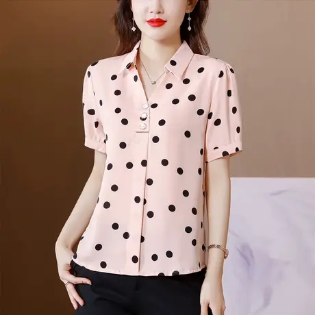 夏装高级感宽松波点衬衫女短袖时尚女士衬衣中年妈妈洋气雪纺上衣商品大图