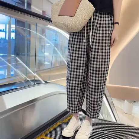 2023夏季新款自制韩系宽松九分裤格子松紧腰抽绳休闲阔腿裤香蕉裤商品大图