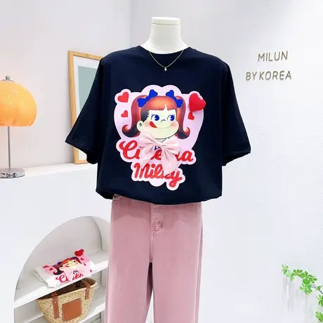 ins奶呼呼甜美短袖上衣~夏款韩版温柔减龄ins爱心T恤欧货大码遮臀商品大图