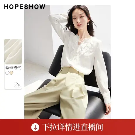 【直播专享】秋季拼接花边H型系带V领衬衫90123250305红袖商品大图