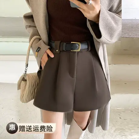 2023秋冬新款咖啡色宽松阔腿毛呢短裤高腰休闲时尚百搭女外穿靴裤图片