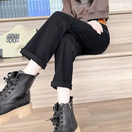 黑色小直筒牛仔裤女春秋季2023年新款高腰显瘦小个子卷边烟管裤子商品大图