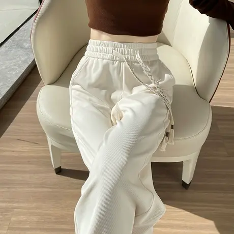 米白色松紧腰阔腿运动裤女秋冬新款高腰垂感百搭2023年新款卫裤潮图片