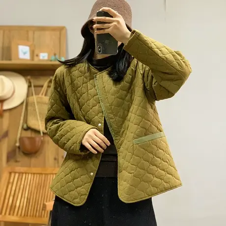 dza 复古拼接撞色菱格棉服外套女冬新款宽松棉袄上衣休闲圆领棉衣图片