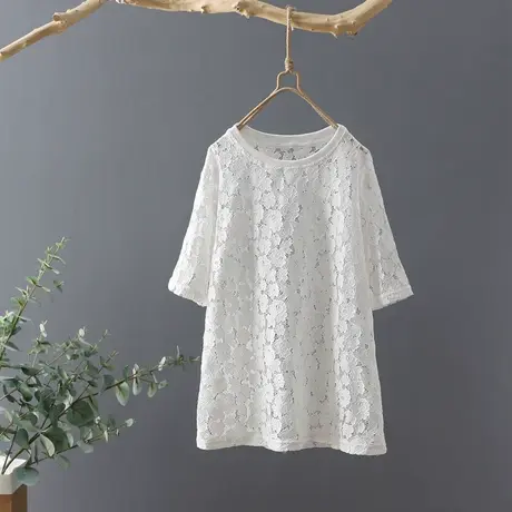 2024夏装镂空透视罩衫t恤女薄圆领宽松气质上衣蕾丝衫短袖打底衫图片