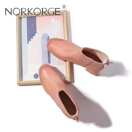 原创新款手工复古文艺粉色切尔西短靴女靴真皮圆头高跟鞋骑士靴女商品大图