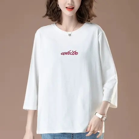 七分袖春夏季女上衣新款加肥加大码女装宽松中年妈妈纯棉中袖T恤图片