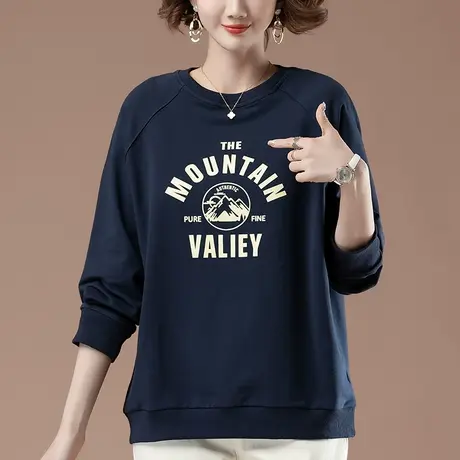 卫衣女春秋新款加肥加大码女装宽松中年妈妈纯棉百搭印花休闲上衣商品大图