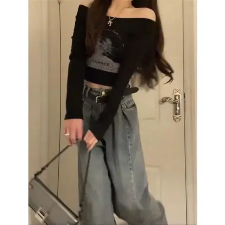 锁骨长袖t恤女秋季性感露肩修身高级感斜肩黑色一字肩上衣打底衫商品大图