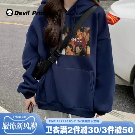 chic美式复古印花春秋薄款连帽卫衣女休闲百搭oversize显瘦上衣潮商品大图