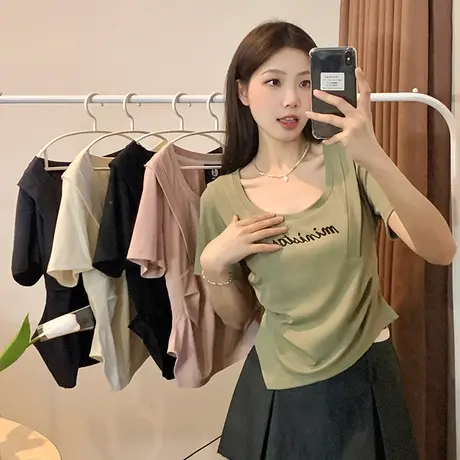 美式甜辣妹风短袖T恤女夏装修身百搭洋气打底小衫不规则短款上衣商品大图