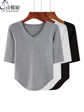 早秋新款韩版V领纯棉纯色下摆圆弧纯欲修身上衣内搭女中袖体恤商品大图
