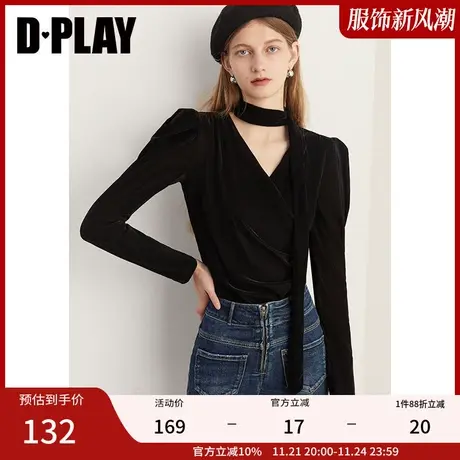 DPLAY新法式复古经典黑系带丝绒弹力小衫上衣内搭打底衫商品大图