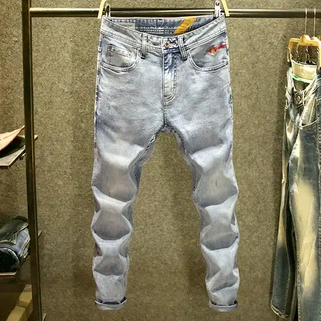 潮牌质感牛仔裤男韩版修身小脚裤高级小刺绣设计街头流行男装裤子商品大图