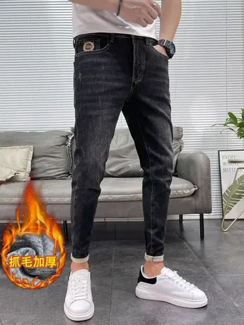 牛仔裤2023新款男加厚保暖显瘦修身小脚潮流百搭弹力加绒牛仔裤男商品大图