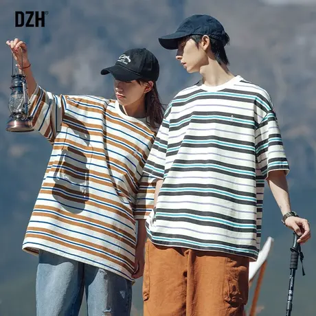 情侣条纹短袖t恤男圆领宽松夏季情侣装2023新款五分袖半截袖衣服商品大图