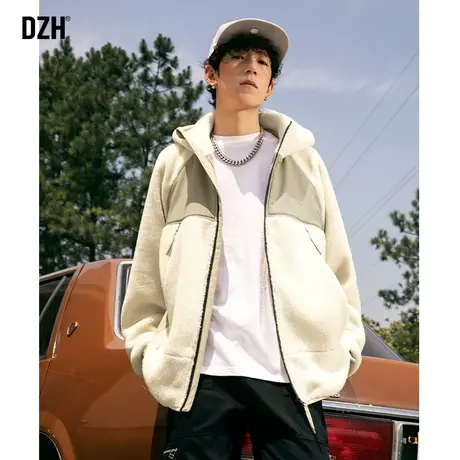 男士米白色拼接外套男冬季加绒加厚保暖棉衣男生连帽棉服情侣冬装商品大图