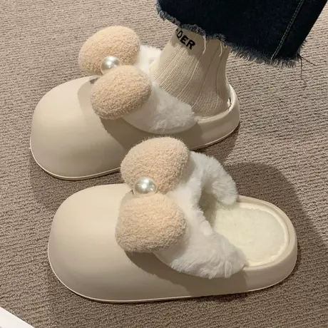 秋冬季棉拖鞋女防水防滑棉拖鞋室内家居壳子蝴蝶结棉鞋毛毛拖保暖商品大图