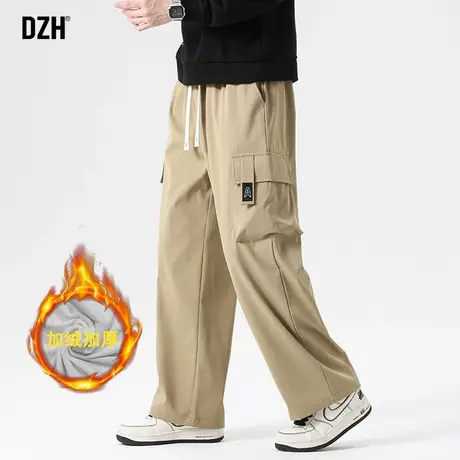 男士冬季加绒裤子男款卡其色直筒工装裤男2024新款男生阔腿休闲裤商品大图