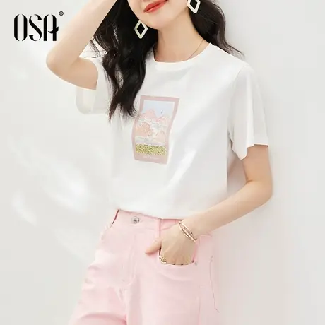 OSA欧莎白色油画印花短袖t恤女夏季2023年新款显瘦正肩上衣薄体恤图片