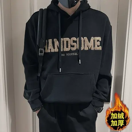 美式潮牌字母刺绣加绒连帽卫衣男秋冬2023新款长袖保暖内搭上衣商品大图