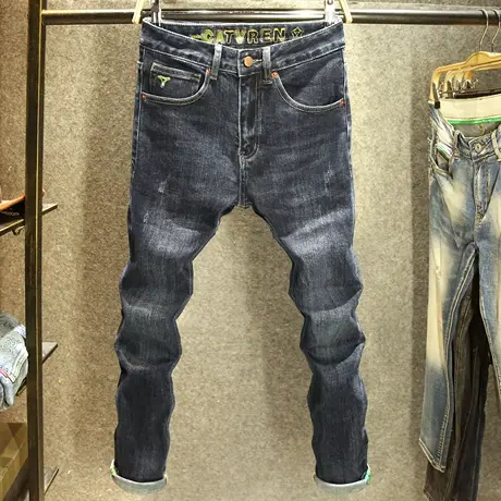 蓝黑色秋冬款牛仔裤男款修身小直筒长裤潮牌百搭刺绣马骝水洗裤子商品大图