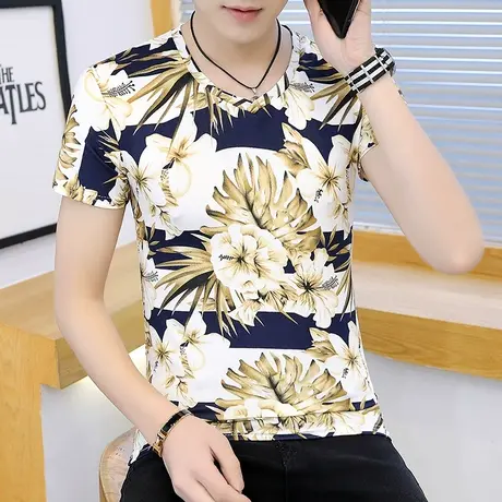 T恤男短袖夏季韩版上衣植物花卉V领衣服夏装新款冰丝半袖潮牌男装商品大图