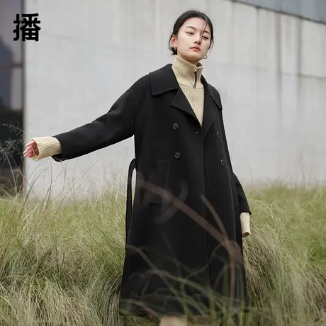 播冬季新款羊毛帅休闲宽松英伦风双排扣长款大衣女Y商品大图