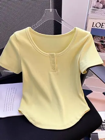 纯棉正肩短袖t恤女夏季2024年新款设计感辣妹不规则弧形短款上衣商品大图