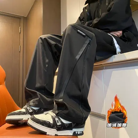 裤子男春秋季加绒保暖美式防水冲锋裤纯色宽松潮流户外登山休闲裤商品大图