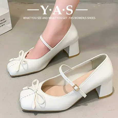方头高跟玛丽珍鞋2024春秋新款气质优雅一字带蝴蝶结浅口粗跟单鞋商品大图