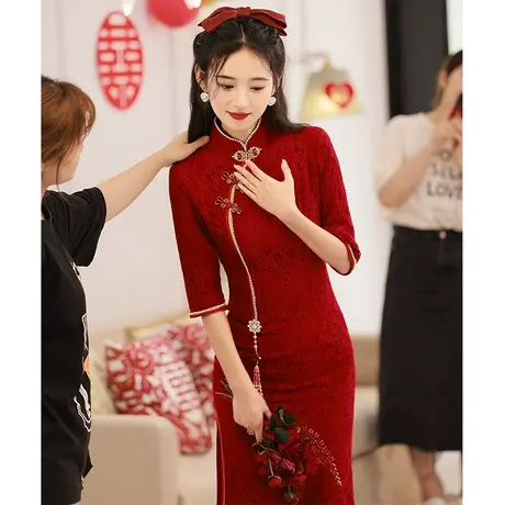 中式旗袍红色敬酒服新娘女秋季小个子年轻款高级感订婚回门连衣裙商品大图