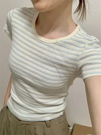 蓝白条纹短袖正肩女t恤夏季2024新款纯棉修身短款上衣设计感小众商品大图