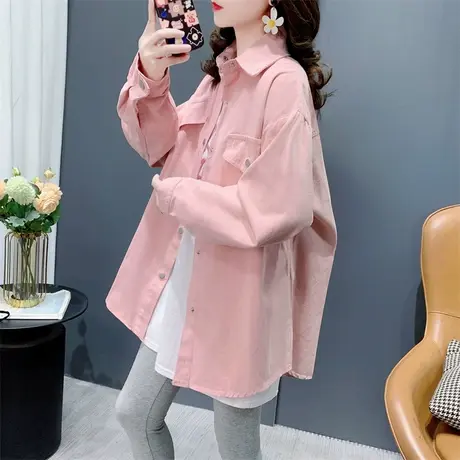 中长款糖果色粉色衬衫外套女春季2024年新款宽松休闲百搭网红上衣商品大图