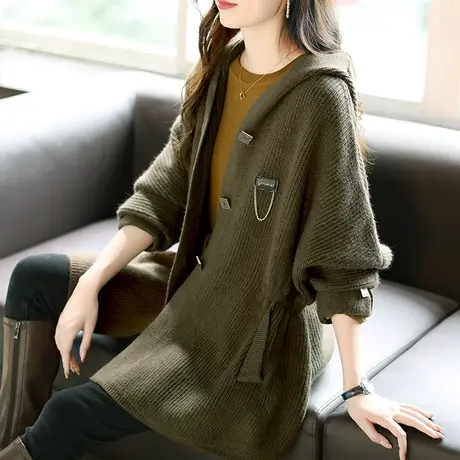 宝诗黎链条时尚上衣新款宽松外套女2024中长款连帽长袖针织开衫春商品大图