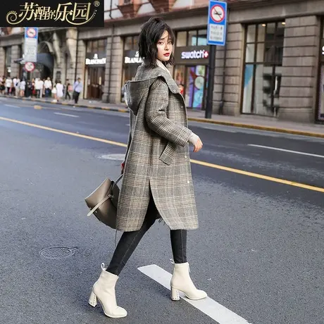 双面毛呢女秋冬季新款2020韩版时尚潮气质修身格子连帽中长款呢子商品大图