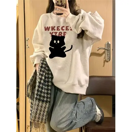 oversize圆领卫衣女秋冬季加绒加厚宽松韩系慵懒风设计感上衣外套商品大图