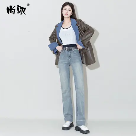 尚驭蓝色弹力高腰牛仔筷子喇叭裤女2024年春季新款显瘦显高微喇裤图片