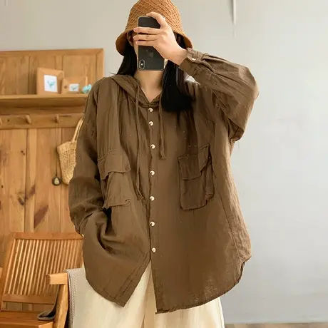 dza 复古宽松连帽长袖套头衬衫女2024春新款外搭开衫休闲短款上衣商品大图
