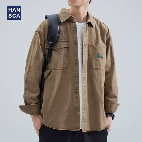 hansca纯棉衬衫男士长袖秋季潮牌纯棉翻领青少年复古重磅工装外套商品大图