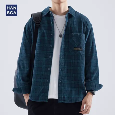 hansca日系复古格子衬衫男士长袖秋季纯棉高级感痞帅宽松休闲外套商品大图