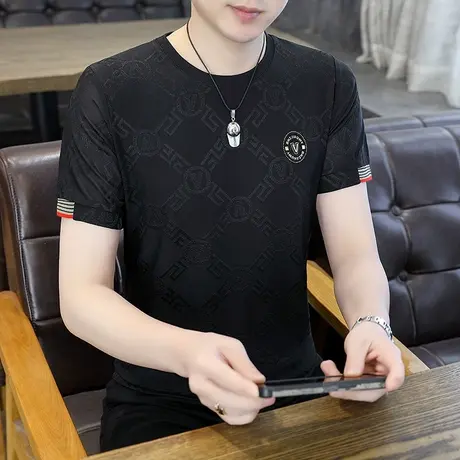 短袖T恤男潮流时尚百搭加肥加大码烫钻半袖体恤衫潮牌男装上衣服图片