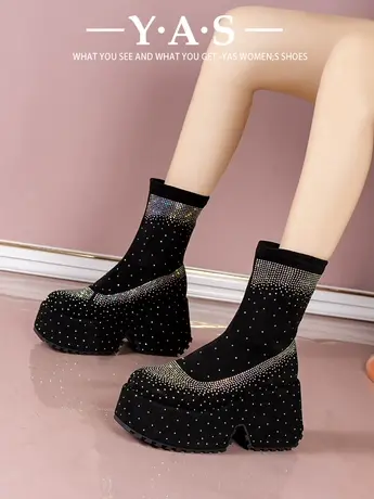 厚底弹力靴女2024年春秋季新款超火时尚水钻瘦瘦靴小个子增高短靴图片