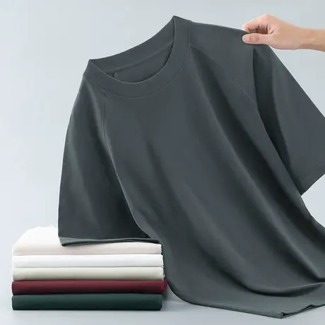 350g重磅纯棉美式t恤男短袖纯色上衣服夏季宽松圆领全棉插肩半袖商品大图