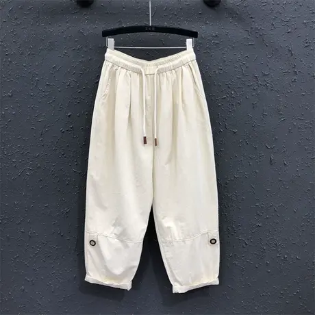 2024春夏新款米色松紧腰老爹裤气质高腰显瘦休闲牛仔九分哈伦裤女图片