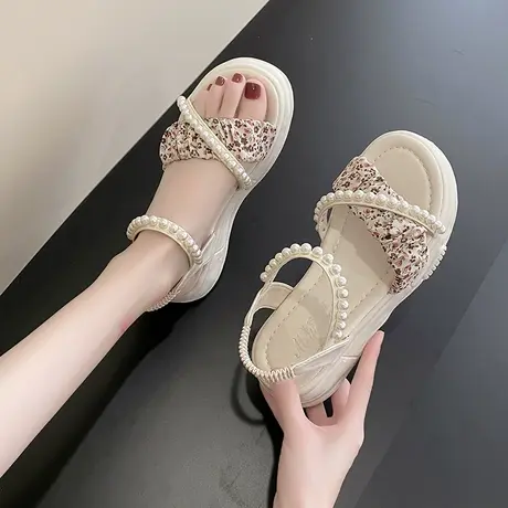 小碎花凉鞋女厚底露趾2023夏季新款百搭仙女风配裙子珍珠罗马鞋子商品大图